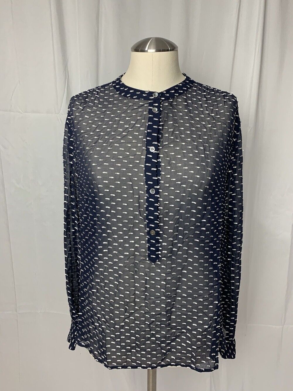 J. Crew Silk Dash Dot Popover Blouse Sheer Navy Women's Sz 10 Academia Preppy